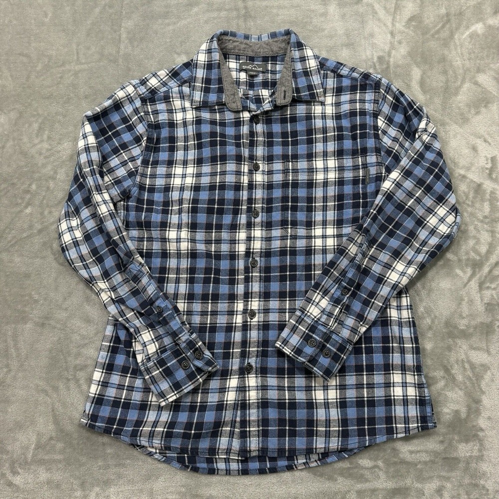 Eddie Bauer Shirt Mens Medium Blue Plaid Long Sleeve Button Flannel Pocket Logo